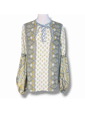 D’ascoli Medium Clarita Beige Green Peasant Sleeve Lace Up Floral Top Cotton